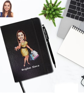 Kişiye Özel Bayan Karikatürlü Siyah Defter Kalem Hediye Seti Model-3