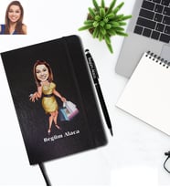 Kişiye Özel Bayan Karikatürlü Siyah Defter Kalem Hediye Seti Model-3