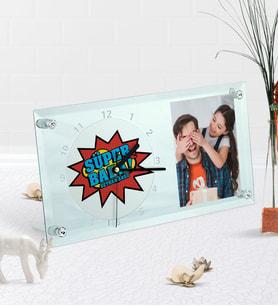 BK Gift Kişiye Özel Fotoğraflı Süper Baba Masaüstü Cam Saat-2 (Beyaz)