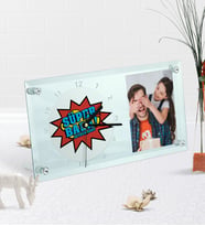 BK Gift Kişiye Özel Fotoğraflı Süper Baba Masaüstü Cam Saat-2 (Beyaz)