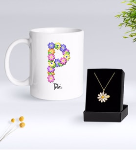 BK Gift Kişiye Özel Çiçek Temalı Harf Kupa ve Papatya Kolye Hediye Seti-19 (Model 1)