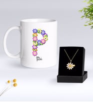 BK Gift Kişiye Özel Çiçek Temalı Harf Kupa ve Papatya Kolye Hediye Seti-19 (Model 1)