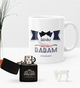 BK Gift Kişiye Özel Benim Yakışıklı Babam Benzinli Çakmak ve Kupa Seti-1 (Model 1)