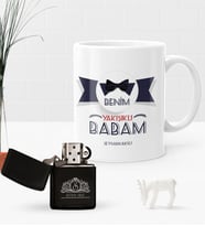 BK Gift Kişiye Özel Benim Yakışıklı Babam Benzinli Çakmak ve Kupa Seti-1 (Model 1)