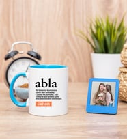 Abla Kelime Anlamı Mavi Kupa Bardak ve Mavi Mini Fotoğraf Çerçevesi
