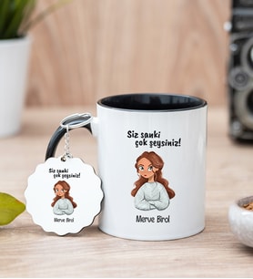 Siz Sanki Çok Şeysiniz Siyah Kupa Bardak ve Anahtarlık Set