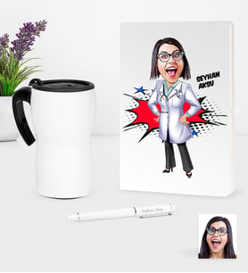 BK Gift Kişiye Özel Bayan Doktor Karikatürlü Beyaz Defter Kalem ve Termos Mug Seti - 1 (Model 1)