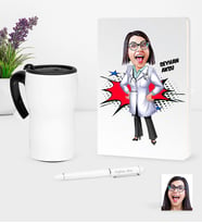 BK Gift Kişiye Özel Bayan Doktor Karikatürlü Beyaz Defter Kalem ve Termos Mug Seti - 1 (Model 1)