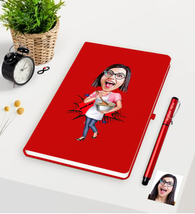 BK Gift Kişiye Özel Ev Hanımı Anne Karikatürlü Kırmızı Defter Kalem Seti - 3