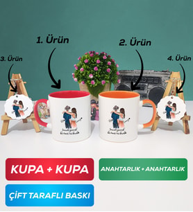 İkili Kırmızı Turuncu Sevgiliye Hediye Bir Ömür Sevgililer Günü Hediyesi Kupa Bardak Anahtarlık Hediye Seti