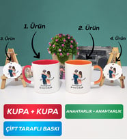 İkili Kırmızı Turuncu Sevgiliye Hediye Bir Ömür Sevgililer Günü Hediyesi Kupa Bardak Anahtarlık Hediye Seti