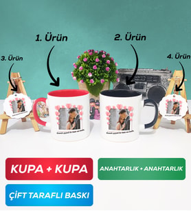 İkili Kırmızı Siyah Sevgiliye Sevgililer Günü Hediyesi 12 Kupa Bardak Anahtarlık