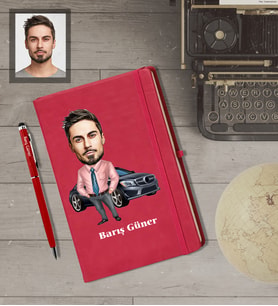 Kişiye Özel Patron Karikatürlü  Kırmızı Defter Kalem Hediye Seti Bay-11