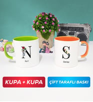 İkili Kişiye Özel Baş Harf ve İsim Yazılı Kupa Bardak Yeşil Turuncu
