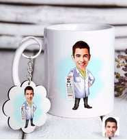 BK Gift Kişiye Özel Erkek Göz Doktoru Karikatürlü Beyaz Kupa ve Anahtarlık Hediye Seti (Model 1)