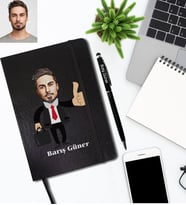 Kişiye Özel İş Adamı Karikatürlü Siyah Defter Kalem Hediye Seti Bay-2