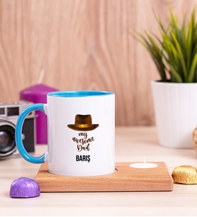 Awesome Dad Babaya Hediye Ahşap Altlıklı Mumlu Mavi Kupa Bardak
