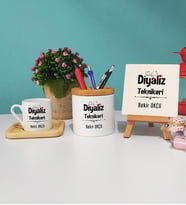 Diyaliz Teknikeri Tasarımlı Kişiye Özel Hediye Diyaliz Teknikeri Ahşap Altlıklı Türk Kahvesi Fincanı Kalemlik Dekoratif Taş Baskı Seti