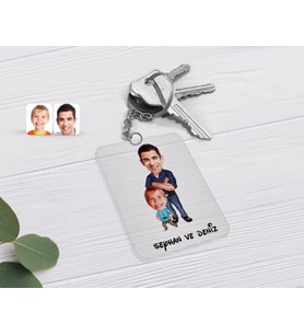 BK Gift Kişiye Özel Baba Oğul Karikatürlü Şeffaf Pleksi Anahtarlık-2 (Beyaz)