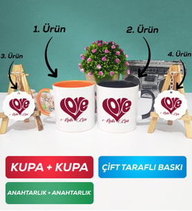 İkili Turuncu Siyah Love Tasarımlı Sevgililer Günü Hediyesi Kupa Bardak Anahtarlık