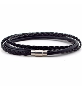 GÜMÜŞ RENK KLİPSLİ İKİ SIRA SARMA SİYAH DERİ ERKEK BİLEKLİK BT499