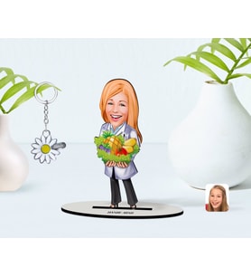 BK Gift Kişiye Özel Kadın Diyetisyen Karikatürlü 3D Ahşap Biblo ve İsimli Silver Papatya Anahtarlık-1 (Model 1)