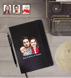 Kişiye Özel Aile Karikatürlü Siyah Defter Kalem Hediye Seti   Mod-1