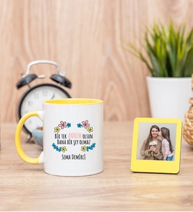 Bir Tek Annem Olsun Sarı Kupa Bardak ve Sarı Mini Fotoğraf Çerçevesi