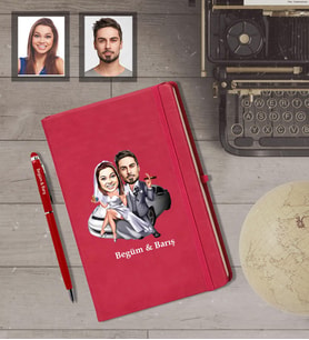 Kişiye Özel Gelin Damat Karikatürlü Kırmızı Defter Kalem Hediye Seti   Mod-2