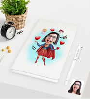 BK Gift Kişiye Özel Süper Anne Karikatürlü Beyaz Defter Kalem Seti