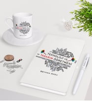 BK Gift Kişiye Özel Teknoloji Ve Tasarım Öğretmeni Beyaz Defter Kalem Türk Kahvesi Fincanı Seti (Model 1)