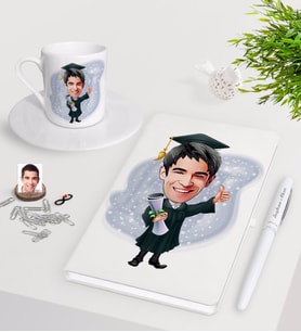 BK Gift Kişiye Özel Erkek Mezun Karikatürlü Beyaz Defter Kalem Türk Kahvesi Fincanı Seti-1 (Model 1)