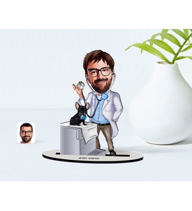 BK Gift Kişiye Özel Erkek Veteriner Hekim Karikatürlü Ahşap Biblo Model (Beyaz)