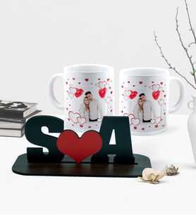 BK Gift Kişiye Özel Sevgili İkili Beyaz Kupa ve Harfli Masaüstü Biblo Seti - 2