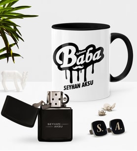 BK Gift Kişiye Özel Kahraman Baba Siyah Kupa Çakmak Kol Düğmesi Seti-1 (Model 1)