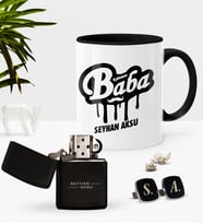 BK Gift Kişiye Özel Kahraman Baba Siyah Kupa Çakmak Kol Düğmesi Seti-1 (Model 1)