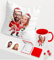 BK Gift Kişiye Özel Yılbaşı Sevgililer Karikatürlü Kırmızı Kupa Ayna Yastık Seti - 2