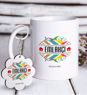 BK Gift Kişiye Özel Mesleki Emlakçı Beyaz Kupa ve Anahtarlık Hediye Seti (Model 1)