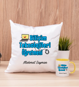 Bilişim Teknolojileri Öğretmeni Kare Yastık ve Sarı Kupa Bardak