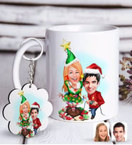 BK Gift Kişiye Özel Yeni Yıl Sevgililer Karikatürlü Beyaz Kupa ve Anahtarlık Hediye Seti-1 (Model 1)
