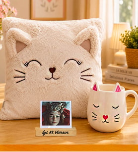 Kişiye Özel Peluş Kedi Yastık & Sevimli 3D Kedi Kupa