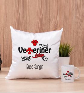 Veteriner Hekim Kare Yastık ve Beyaz Kupa Bardak