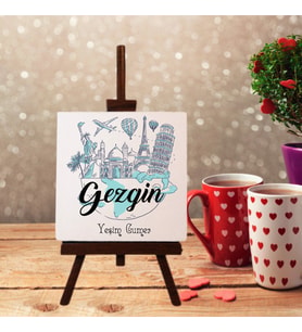 Kişiye Özel Gezgin Tasarımlı Şövale Ayaklı Dekoratif Doğal Taş (Krem)