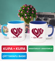 İkili Love Tasarımlı Sevgililer Günü Hediyesi Kupa Bardak Mavi Lacivert