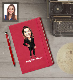 Kişiye Özel Öğretmen Karikatürlü  Kırmızı Defter Kalem Hediye Seti Bayan-13