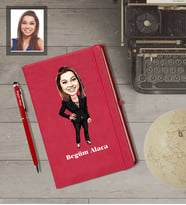 Kişiye Özel Öğretmen Karikatürlü  Kırmızı Defter Kalem Hediye Seti Bayan-13