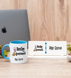 Resim Öğretmeni Mavi Kupa Bardak Ve Masa İsimliği Hediye Seti