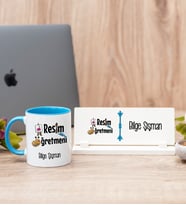Resim Öğretmeni Mavi Kupa Bardak Ve Masa İsimliği Hediye Seti
