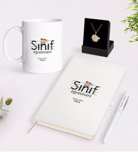 BK Gift Kişiye Özel Sınıf Öğretmeni Beyaz Kupa Defter Kalem ve İsimli Papatya Kolye Hediye Seti-17 (Model 1)