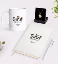 BK Gift Kişiye Özel Sınıf Öğretmeni Beyaz Kupa Defter Kalem ve İsimli Papatya Kolye Hediye Seti-17 (Model 1)